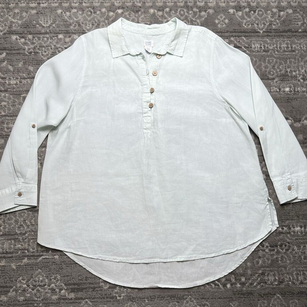 Sigrid Olsen 100% Linen Henley Button Tunic Top Women's 2x Mint Green Tab Sleeve